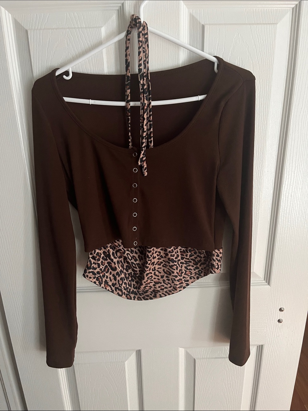 Brown Long-Sleeve Scoop Neck Top with Leopard Hem and Faux Halter